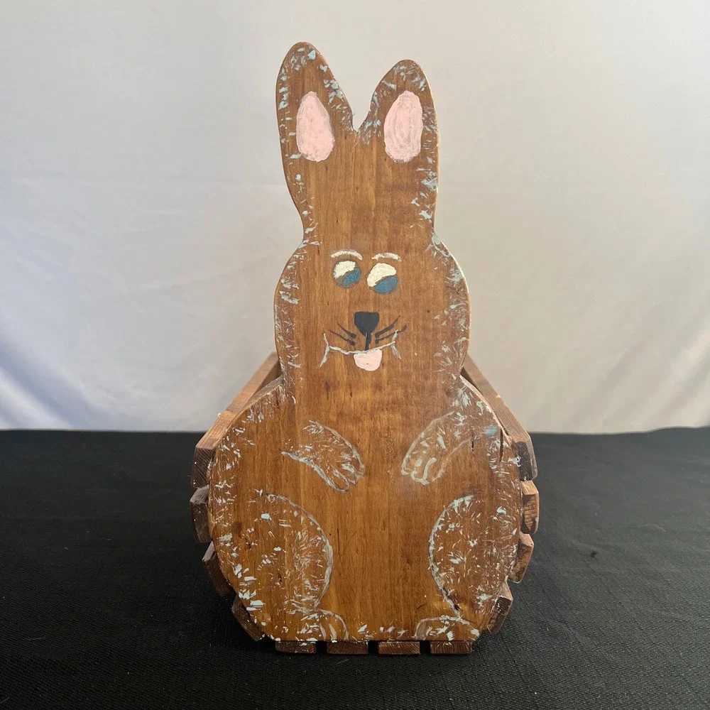 Handmade Wood Easter Bunny Basket Caddy Rustic Folk Art Hand Painted
